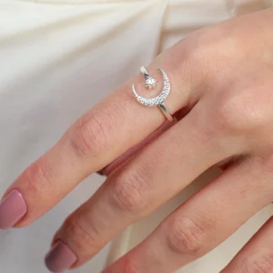 Anel Cravejado Regulável Estrela e Lua