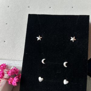 Trio de Brincos de Prata 925 Estrela Lua e Coração
