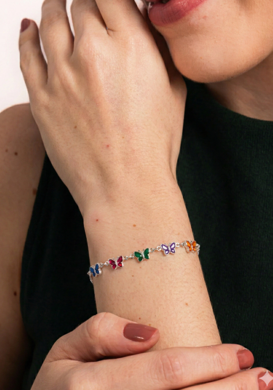 Pulseira de Prata 925 Borboletas Coloridas