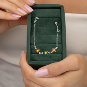 Pulseira de Prata 925 Infantil com Flores Central Resinadas