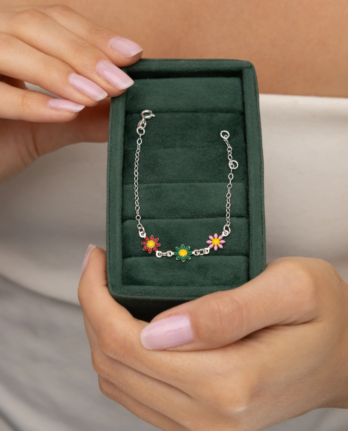 Pulseira de Prata 925 Infantil com Flores Central Resinadas