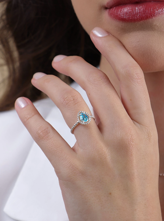 Anel de Prata 925 Zirconia Gota Azul Pontilhada -19