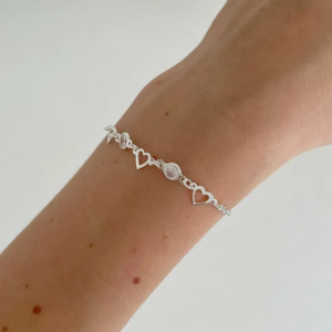 Pulseira de Prata 925 Coracoes Vazados e Pontos de Luz