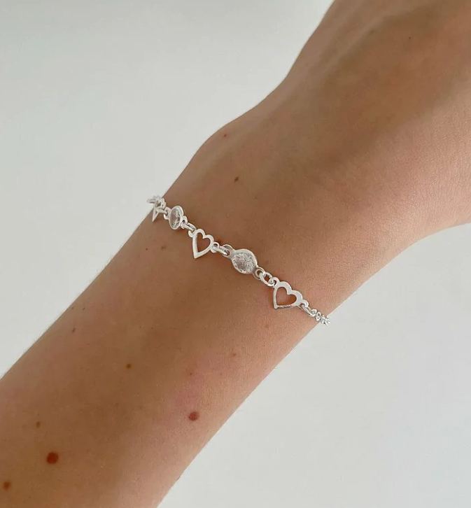 Pulseira de Prata 925 Coracoes Vazados e Pontos de Luz