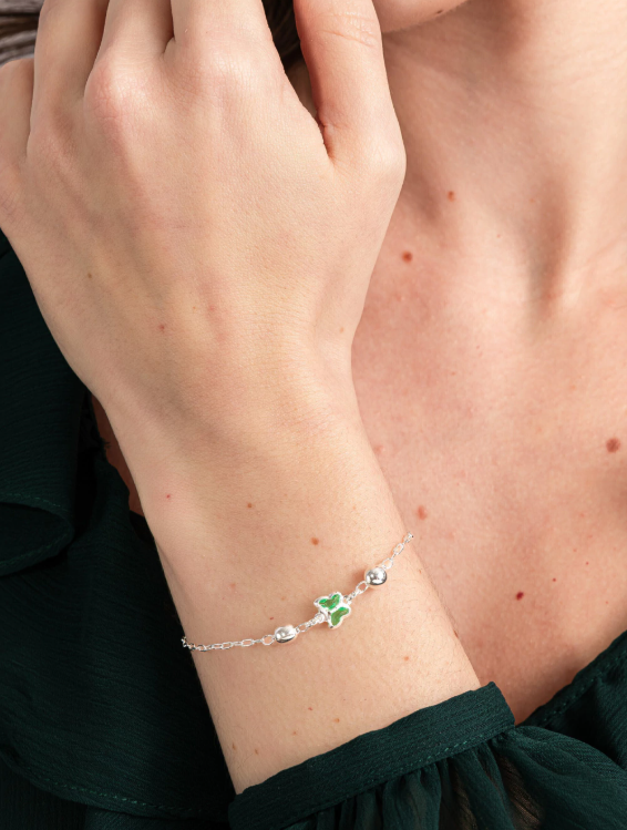Pulseira de Prata 925 Borboleta Verde e Bolas