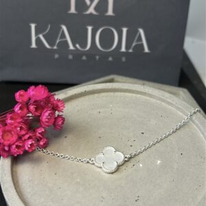 Pulseira de Prata 925 Trevo Detalhado Perolado Branco