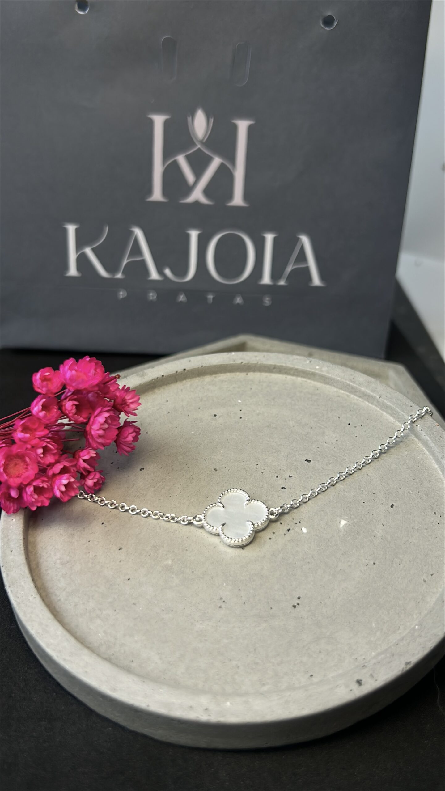 Pulseira de Prata 925 Trevo Detalhado Perolado Branco