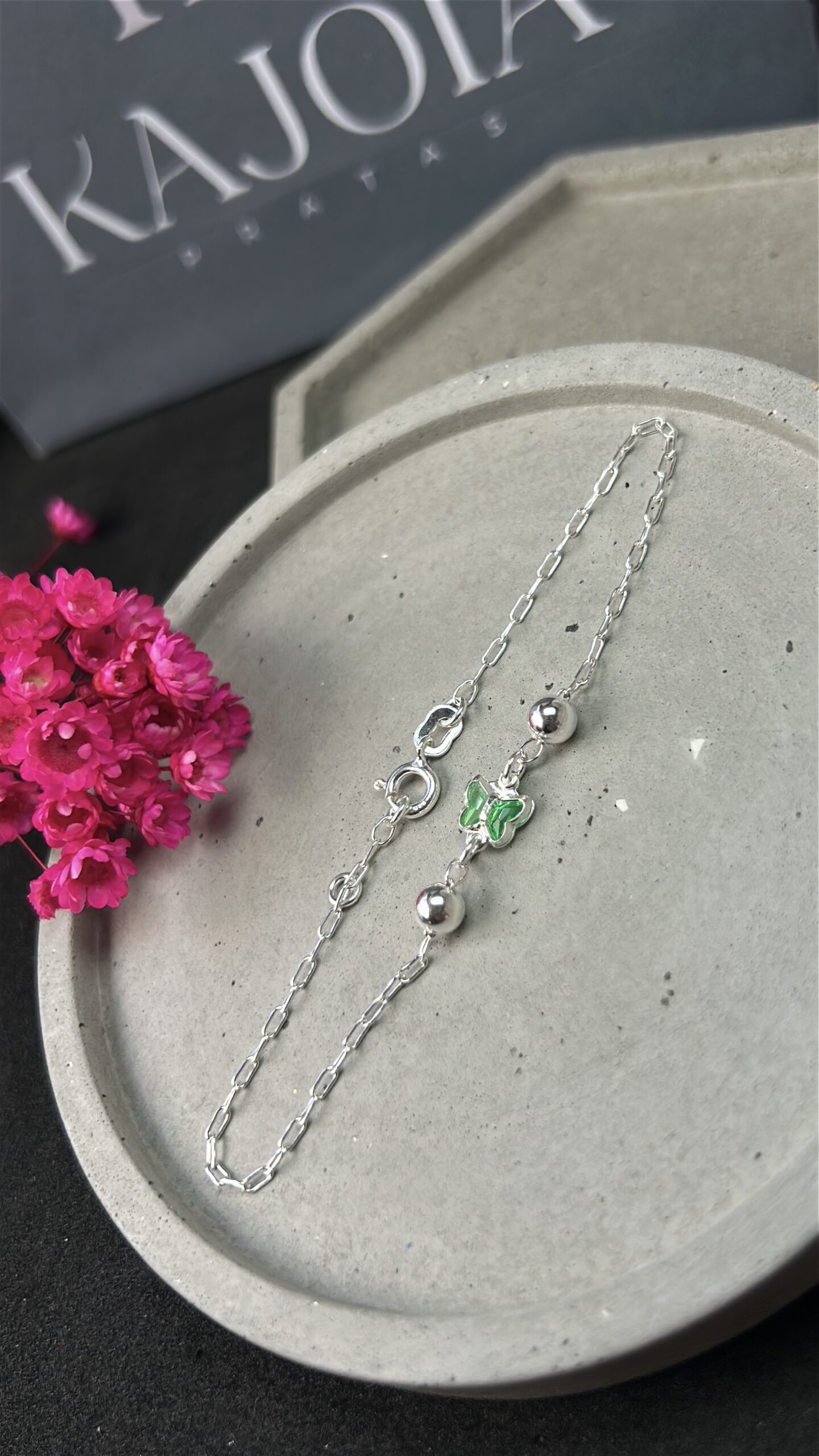 Pulseira de Prata 925 Borboleta Verde e Bolas