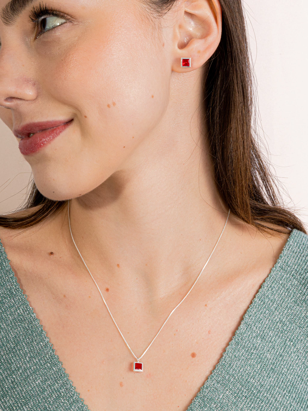 Conjunto de Prata 925 Zircônia Quadrada Vermelho Cravação Inglesa 7mm