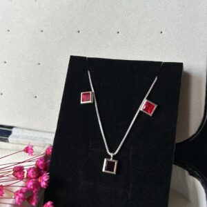 Conjunto de Prata 925 Zircônia Quadrada Vermelho Cravação Inglesa 7mm