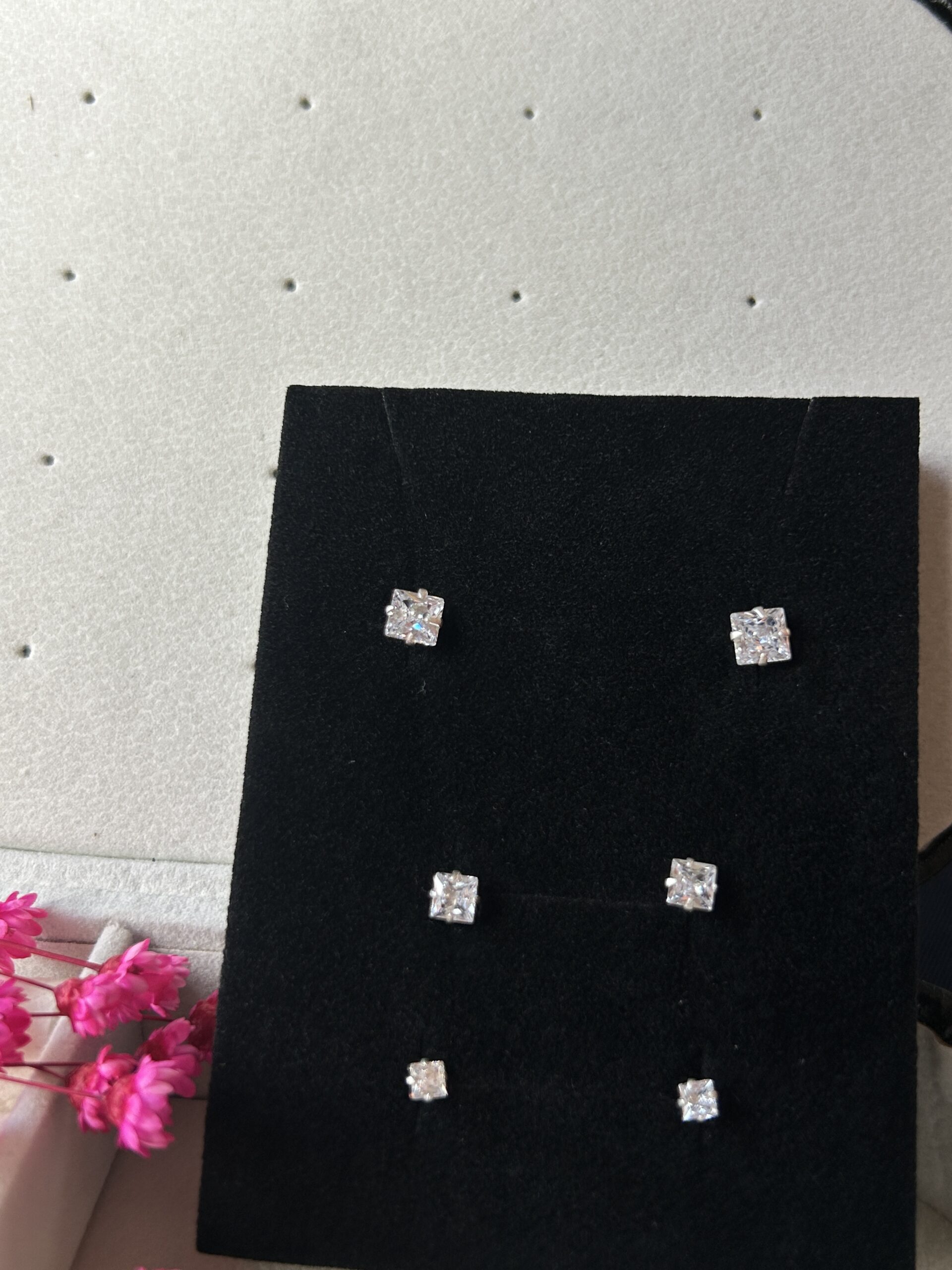 Trio de Brincos de Prata 925 Zircônias Quadradas Brancas
