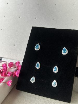 Trio de Brincos de Prata 925 Gota Azul Claro com Zircônias Brancas em Volt